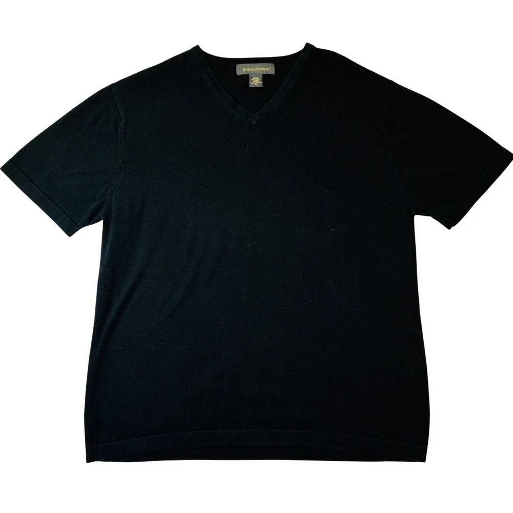 Banana Republic Mens XL Black V-Neck Short Sleeve 100% Cotton Knit Sweater Tee
